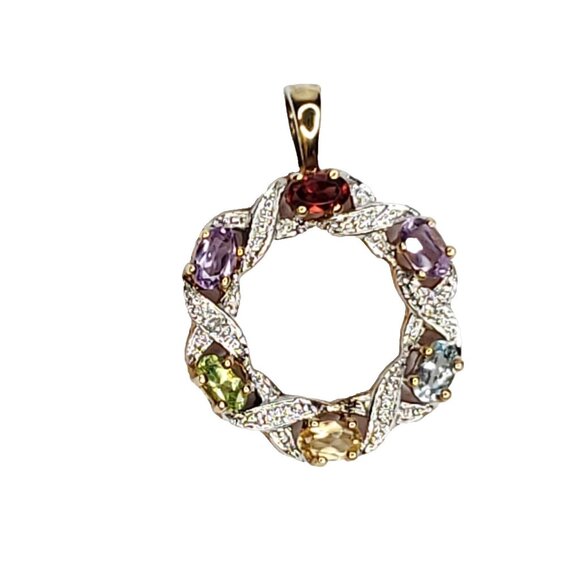 Sterling Silver Cut Multi Gemstone Circle Wreath Pendant Amethyst Garnet - Picture 1 of 5